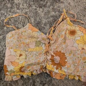 American Eagle Outfitters Yellow Orange Floral Lace-Up Camisole